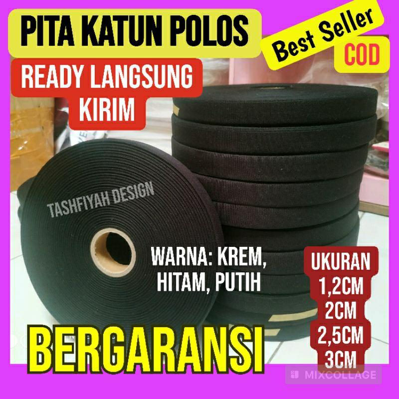 Label Katun Polos roll pita lebel baju hijab halus lembut Hitam Crem krem putih merk merek hijab 100