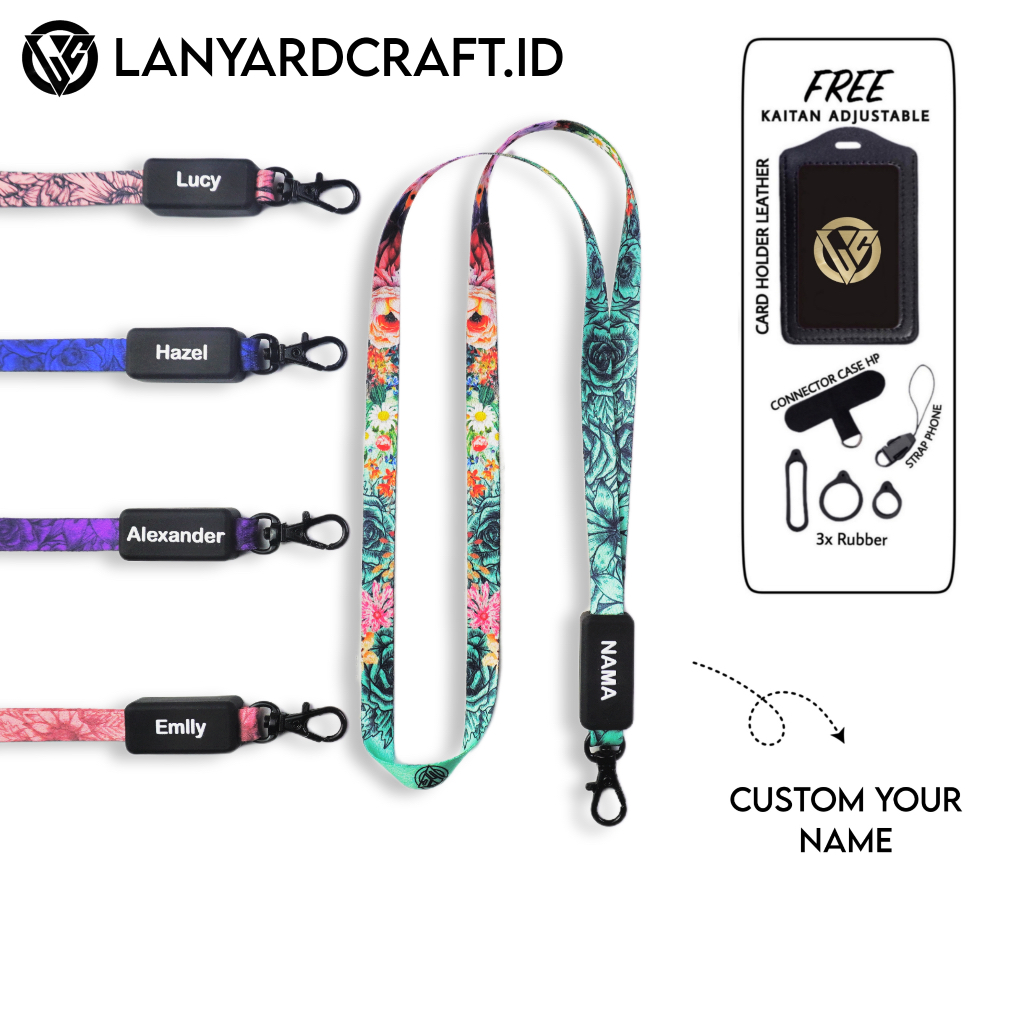 

KS Lanyard Craft Custom Nama Floral Series 1cm Request Nama Satuan Gantungan Card Holder Tali Lanyard Full Printing 2 sisi