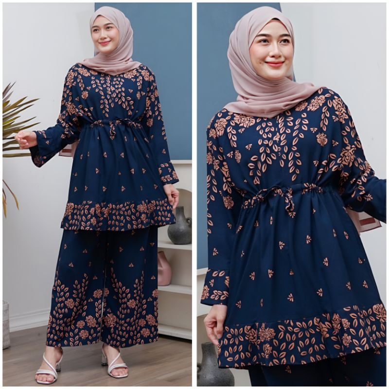 Setelan Wanita Rayon Jumbo One Set Tunik Ld 120 Motif Daun Busui Tali Serut