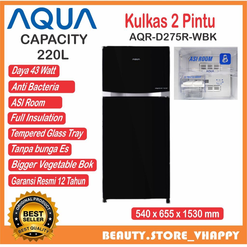 Kulkas Aqua 2 Pintu Inverter Glass Door 223 Liter AQR-D275R WBK