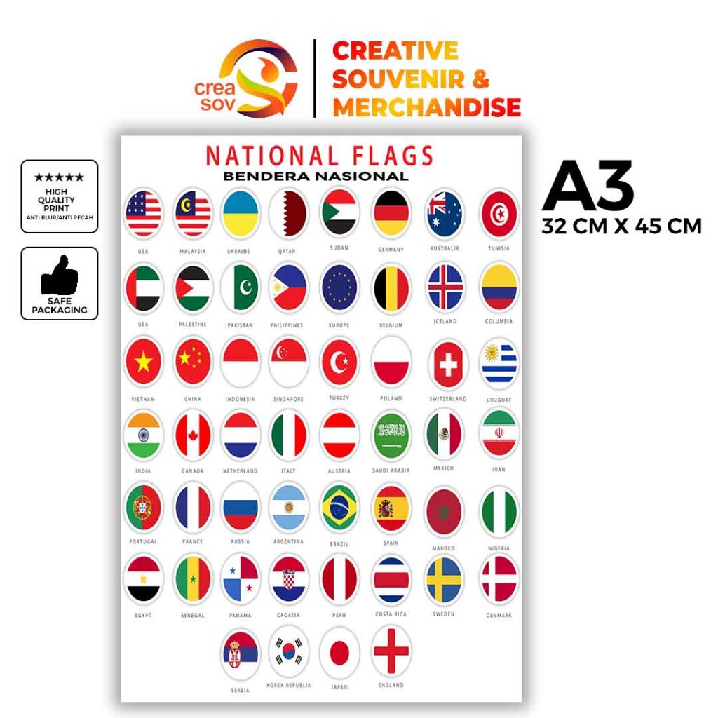 Creasov, Poster Mengenal Bendera Negara Dunia Poster Bendera Negara Poster Edukatif Anak A3