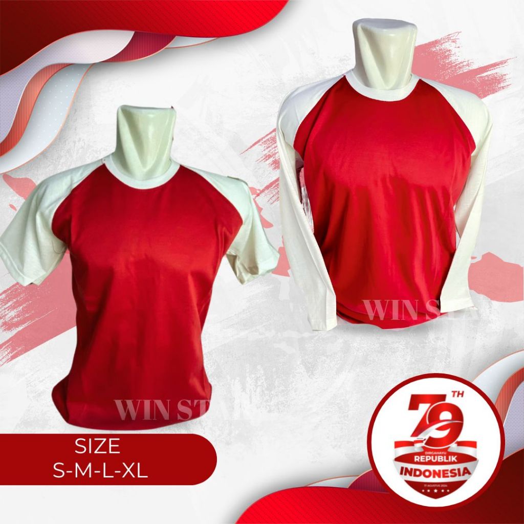 Kaos Raglan Pendek Merah Putih - Kaos Raglan Polos Lengan  Pendek - Kaos Kemerdekaan - Kaos Merah Pu