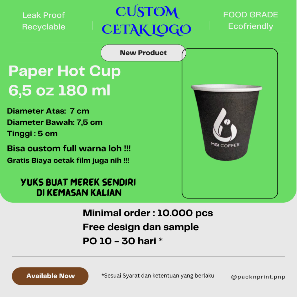 CUSTOM PRINT Full Warna Paper Hot Cup Gelas Kertas 6,5 oz 180 ml Minimal 10.000 pcs