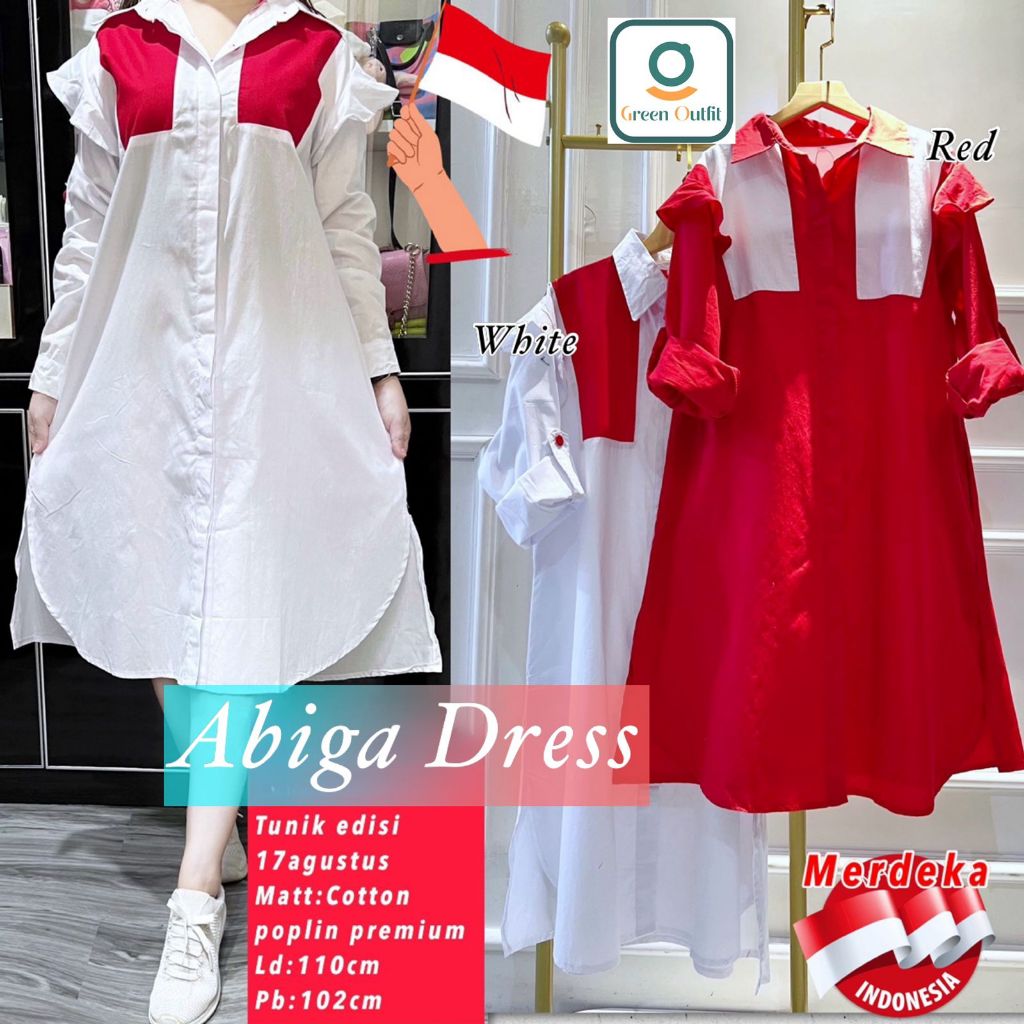 Abiga baju dress long tunik tunic wanita muslim jumbo ld 110 katun merah putih agustusan kemerdekaan