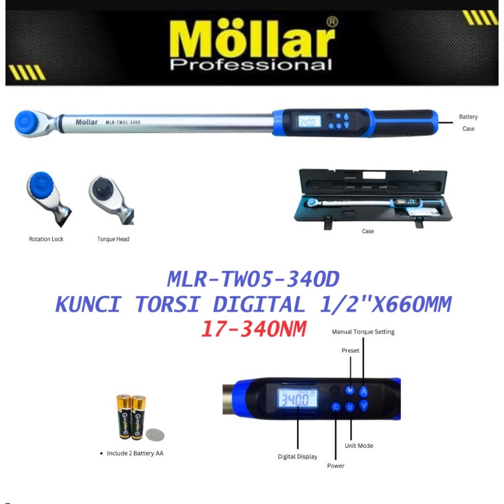 MOLLAR TW05-340D Kunci Torsi 1/2" Torsi 340 Nm Digital Adjustable Torque Wrench / Kunci Momen