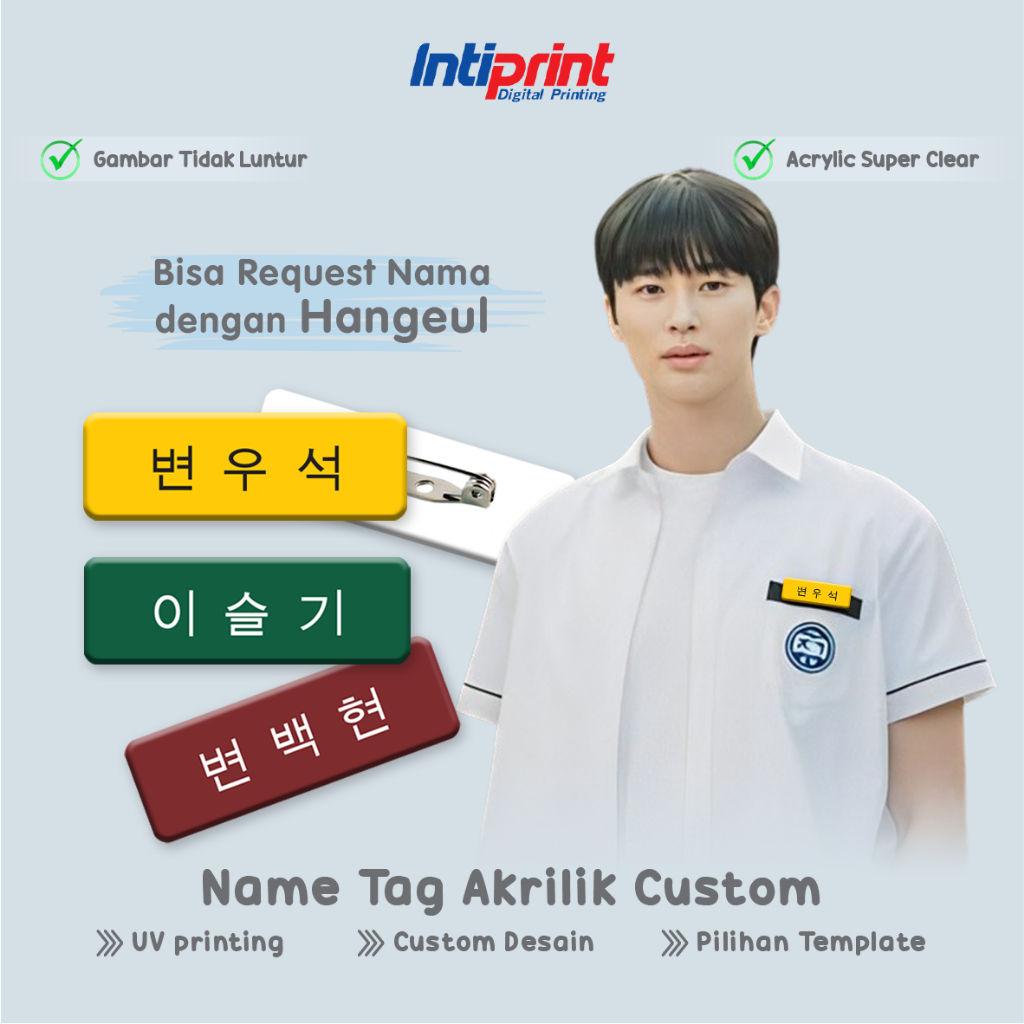 

Name Tag Hangeul Custom / Pin Penti Papan Nama / Nametag Akrilik / Acrylic Nameplate UV Printing