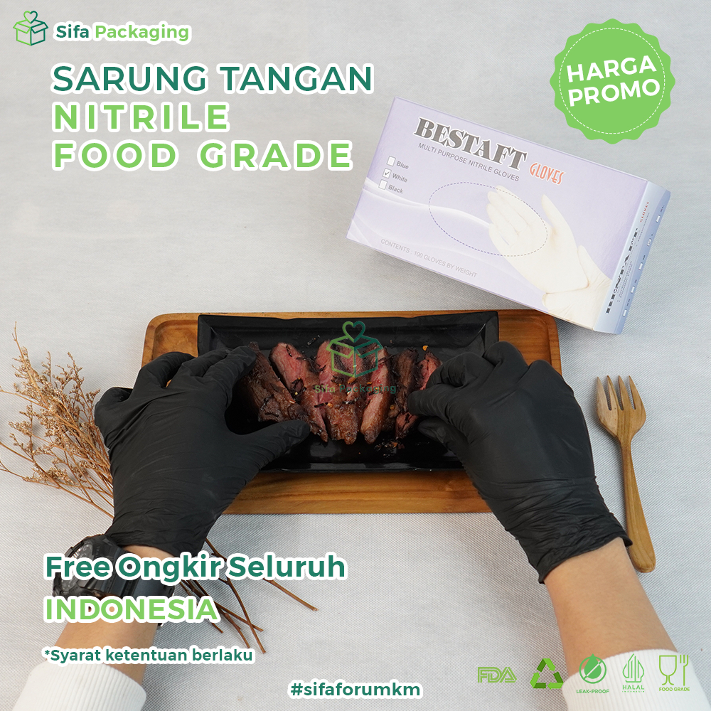 Sarung Tangan Nitrile Everglove Food Grade Warna Hitam Putih Biru Isi 100 Pcs / 50 Pasang Aman Untuk