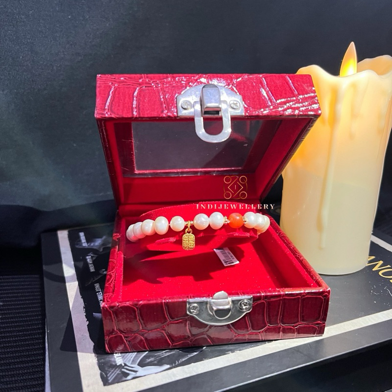 Gelang Mutiara Air Laut Asli dengan Batu Carnelian with Box