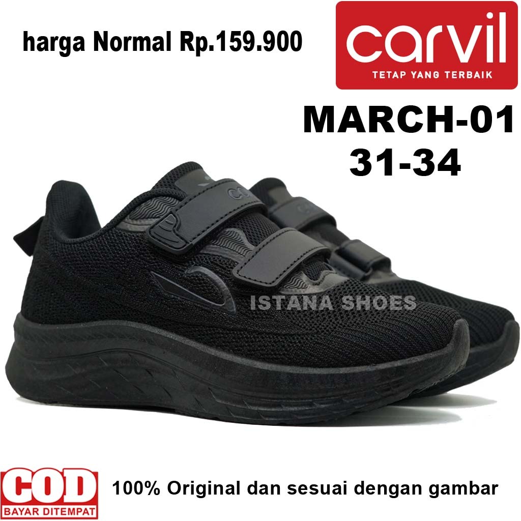 SEPATU SEKOLAH Carvil Sepatu Anak MARCH -01 SD SMP FULL BLACK PEREKAT