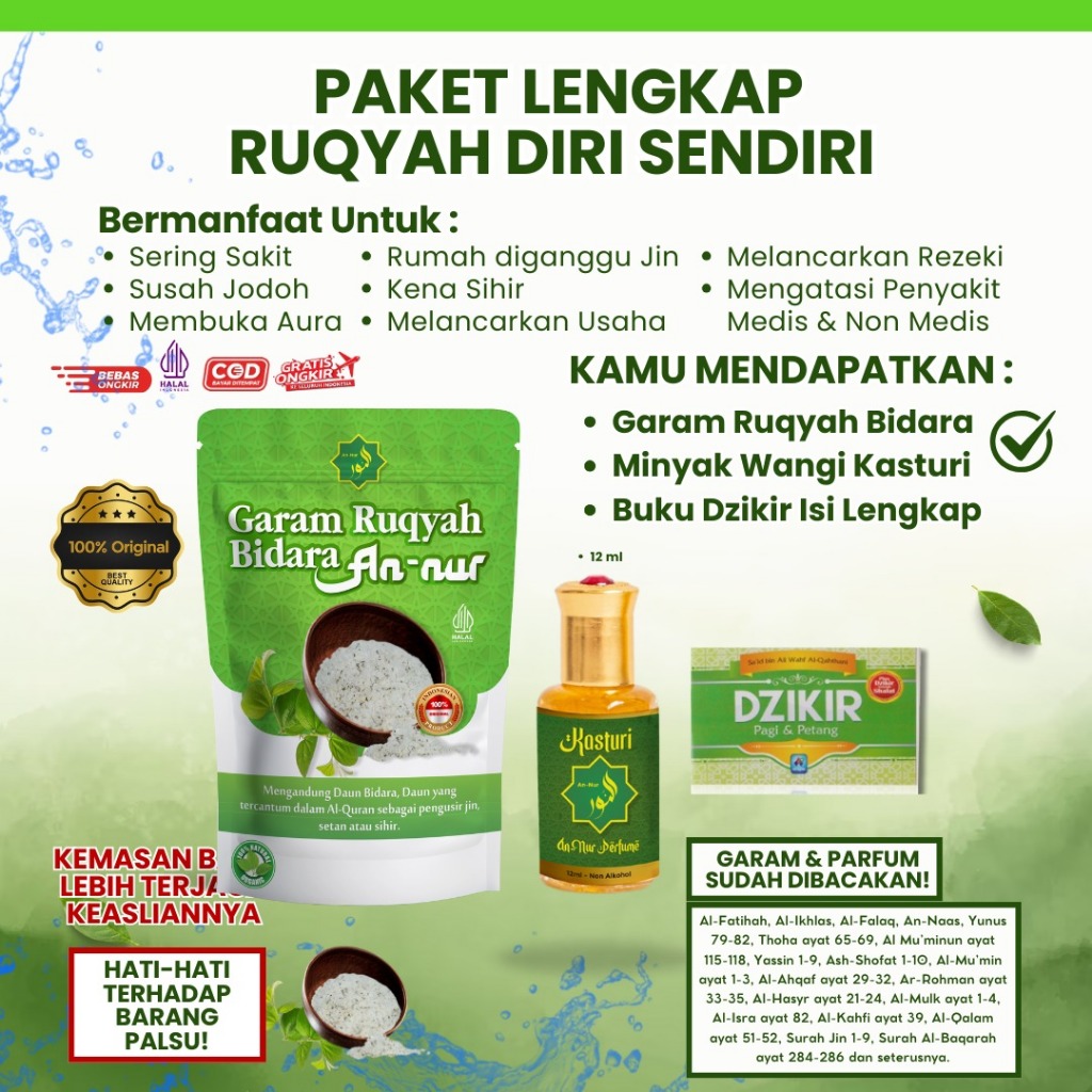 

Bundling Garam Rukyah Bidara An-Nur 500 Gram & Parfum Kasturi untuk Menetralisir Segala Jenis Gangguan Ilmu Sihir, Santet dan Guna-guna