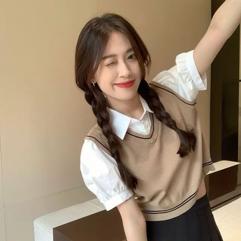 Vest Rompi Rajut Atasan Sweater List Blus Strip Wanita Outer Leher Vneck Shop Knit Style