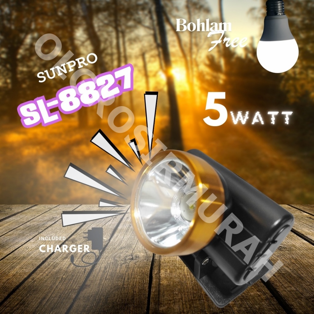 New Senter Kepala Headlamp Sunpro SL - 8827 Putih 5Watt Charger Original