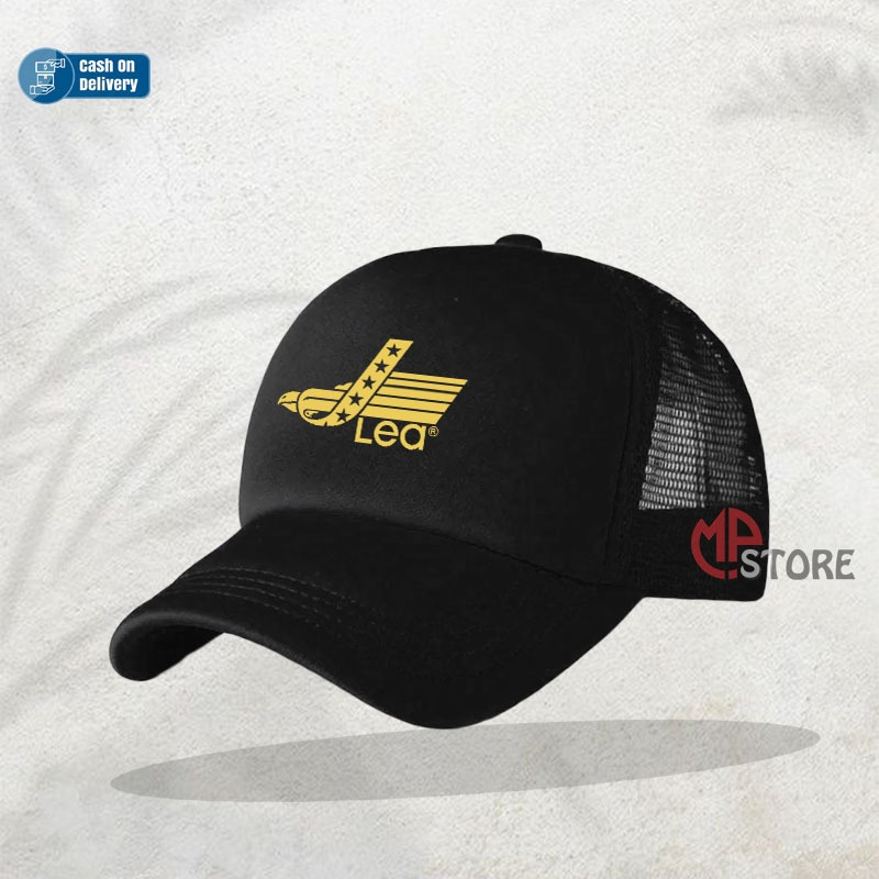 COD Topi distro Pria Wanita Terkeren Logo Lea Text Gold Premium Quality - Topi Trucker Jaring Good Q