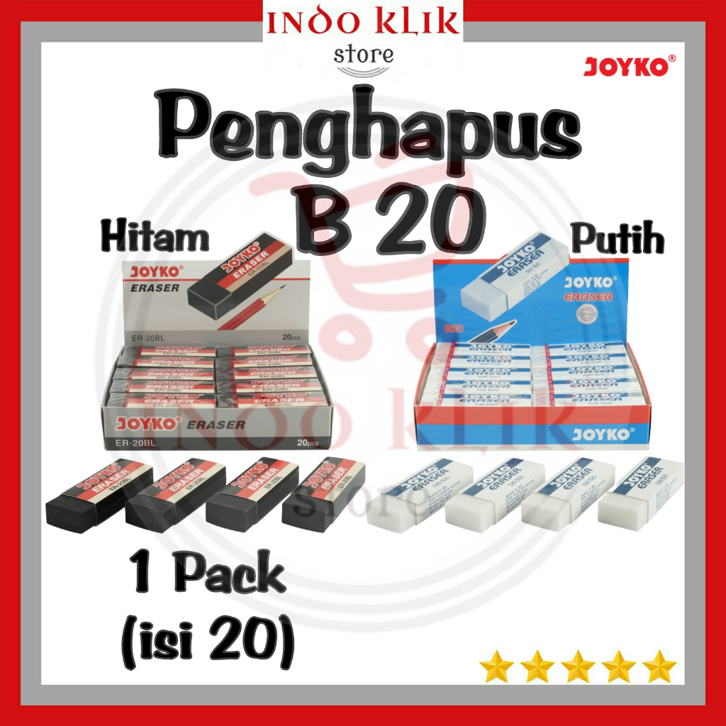Penghapus Pensil Joyko B-20 Besar 1 Pack isi 20 Pcs / Hapusan Pensil B20 Putih Hitam / Stip Besar