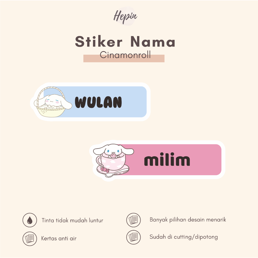 

(90 - 120 pcs) label nama Sanrio CINAMONROLL part 2/ Stiker Nama Anak Murah / Label Nama Custom/cutting stiker nama anda