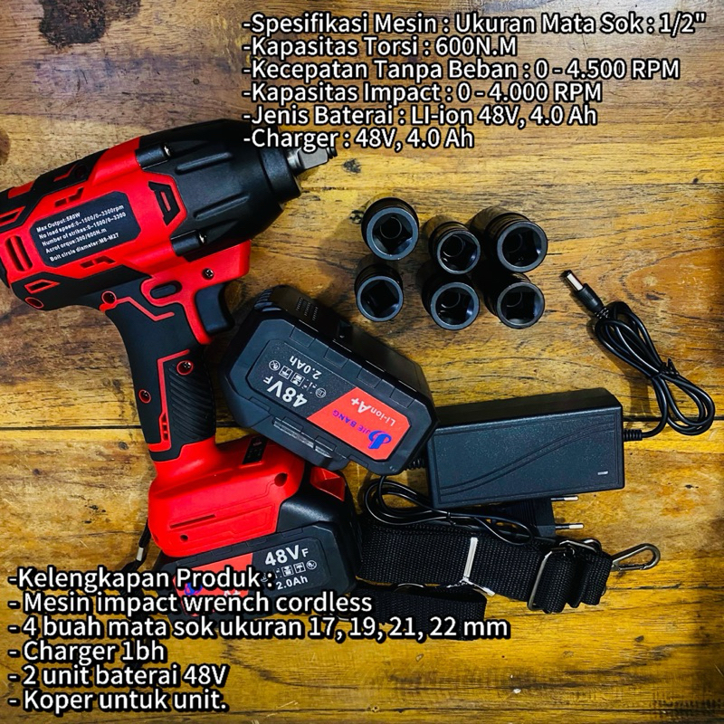 Mesin Pembuka Baut Mur Roda Mobil Paket 2 Baterai Cordless Impact Wrench Torsi 600Nm Super Kuat