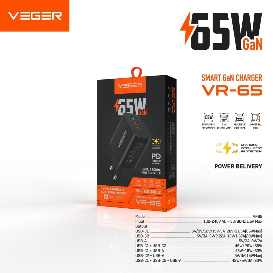 VEGER Adapter GAN 65W VEGER VR-65 Adaptor GAN 65W Adapter 65 Watt