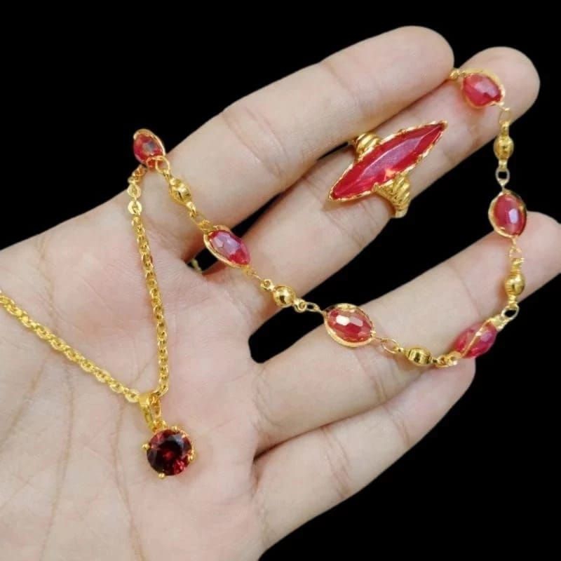 set perhiasan batu merah delima perhiasan dewasa titanium