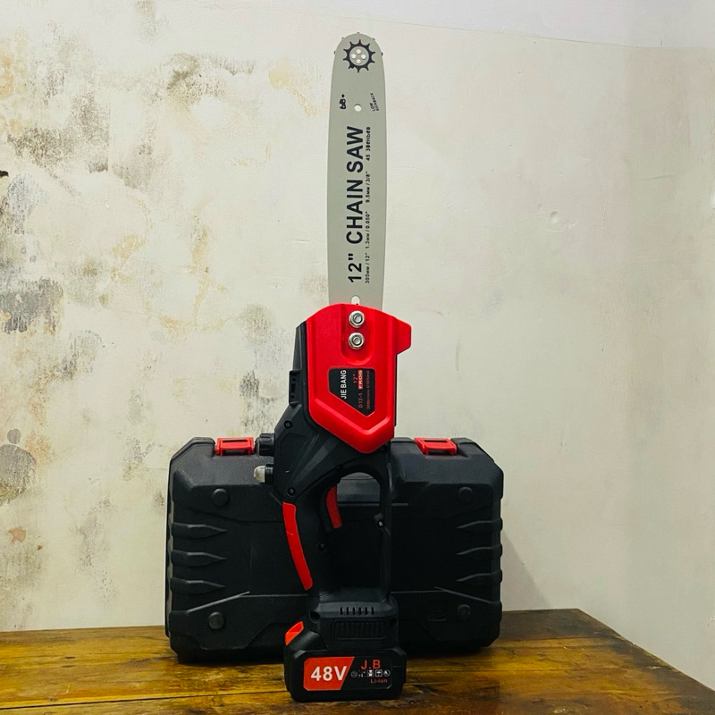 Mesin Pemotong Kayu Elektrik 12 Inch Portable Chain Saw Cordless Sinso F8771 Paket Set 2 Batre Cas J