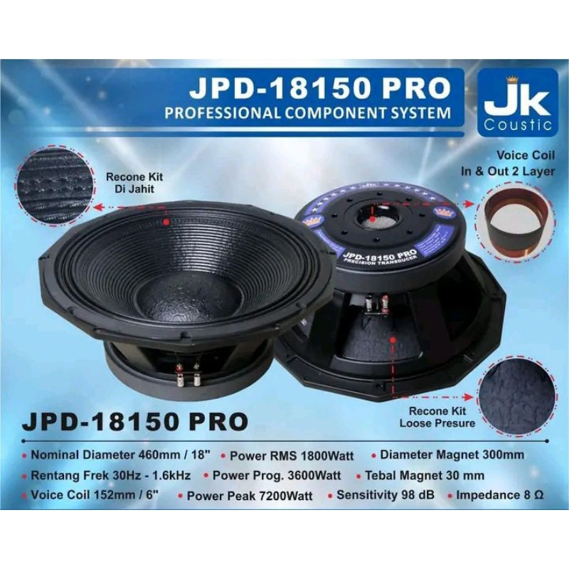 component speaker 18 inch JK coustic type JPD 18150 pro