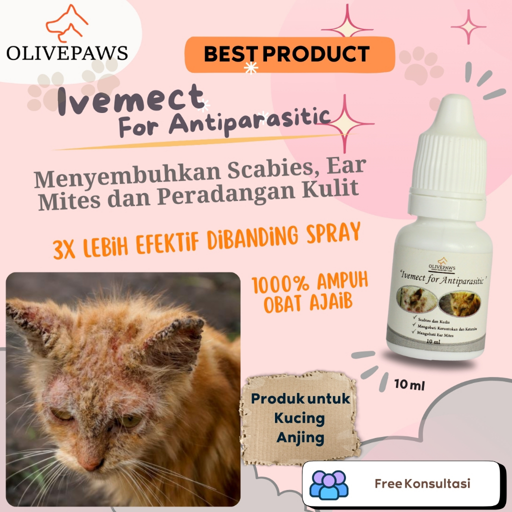 OLIVEPAWS Ivemect 10ml Obat Oral Scabies Kudis & Ear Mites Kucing Anjing Hamster Kelinci Paling Ampu