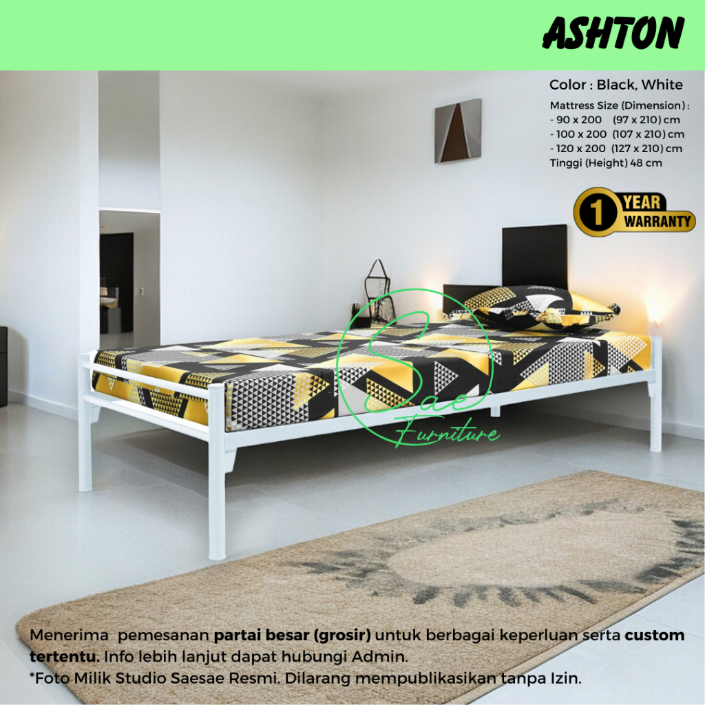 Tempat Tidur Dipan Besi Minimalis Single Bed Ashton 90x200 100x200 120x200 (S1)