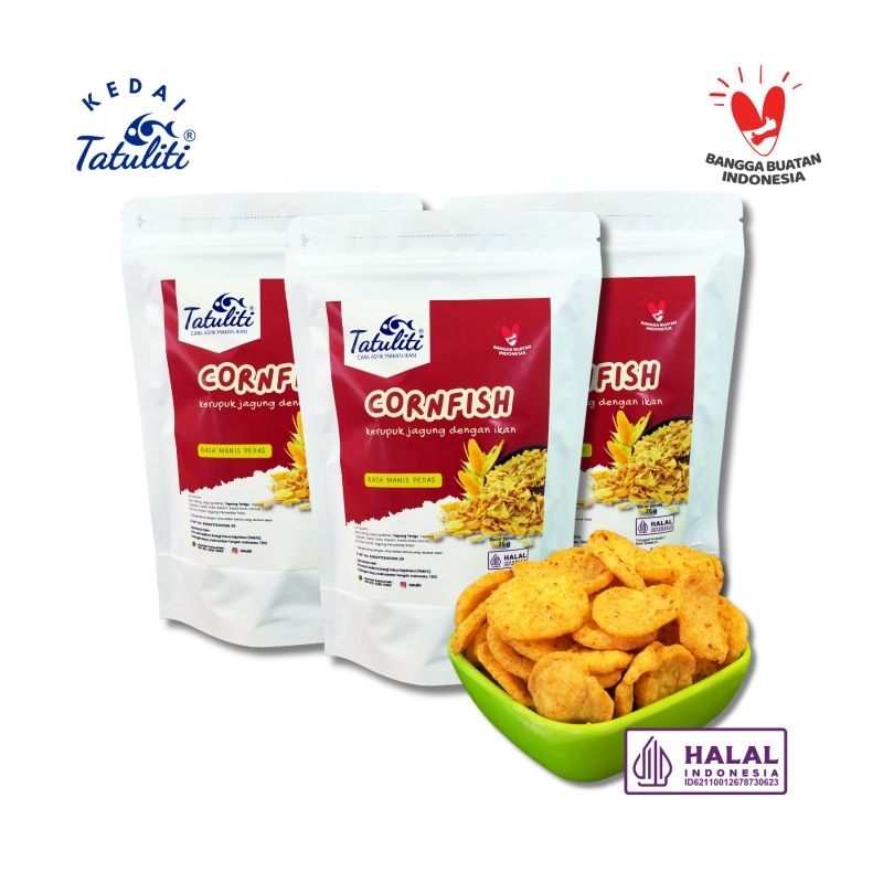 

Cemilan/Makanan Ringan Cornfish Kerupuk Jagung dengan Ikan Rasa Manis Pedas TATULITI