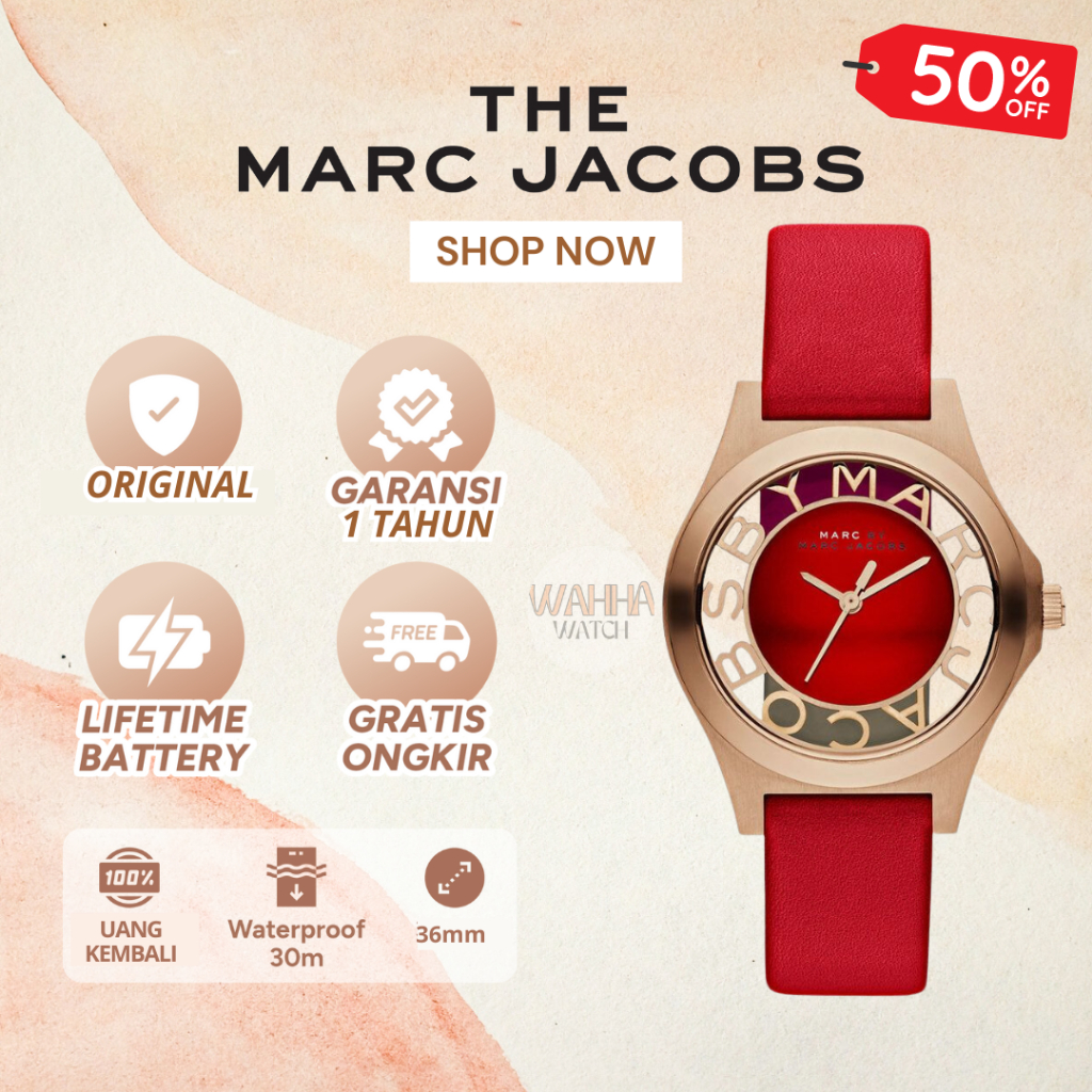 Jam Tangan Marc Jacobs MBM1338 Henry Skeleton Red Dial Red Leather Strap Watch Original [BERGARANSI]