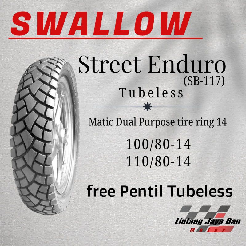 {Free Pentil tubeless} Ban Semi cross Ring 14 Tubeless Swallow SB 117 Street Enduro 100/80-14 110/80