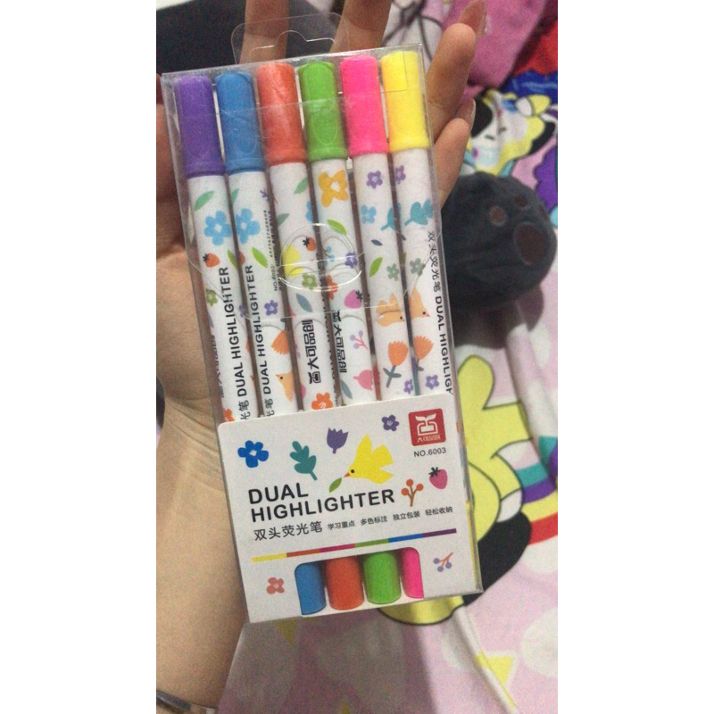 

PURPLE BLUE ORANGE GREEN PINK YELLOW HIGHLITER PEN 2 SIDE 6 COLOR NEW MR DIY