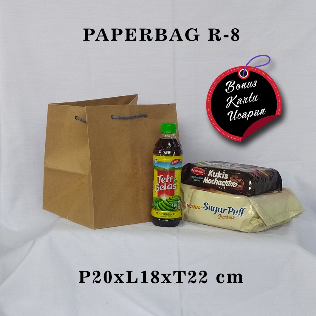 

PAPERBAG BONUS KARTU UCAPAN UKURAN R-8 (P20 X L18 X T22 CM) UNTUK KUKIS SUGAR PUFF TEH PUCUK DLL