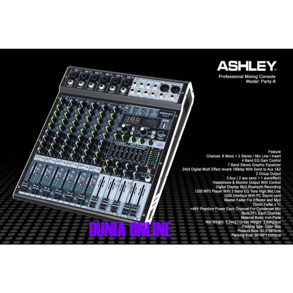 MIXER AUDIO ASHLEY PARTY 8 PARTY-8 MIXER 8 CHANNEL ORIGINAL ASHLEY