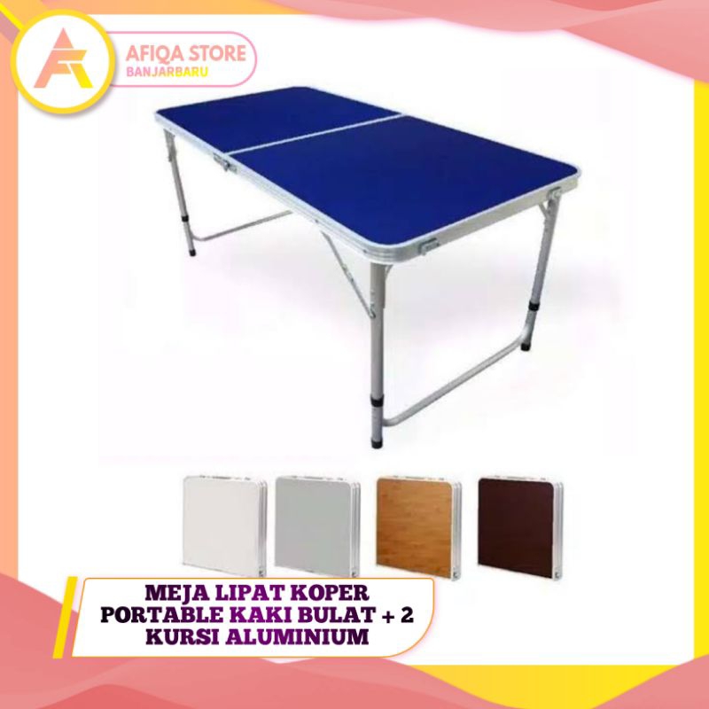 Meja Lipat Koper Portable Kaki Bulat  + 2 Kursi Aluminium / Meja Koper