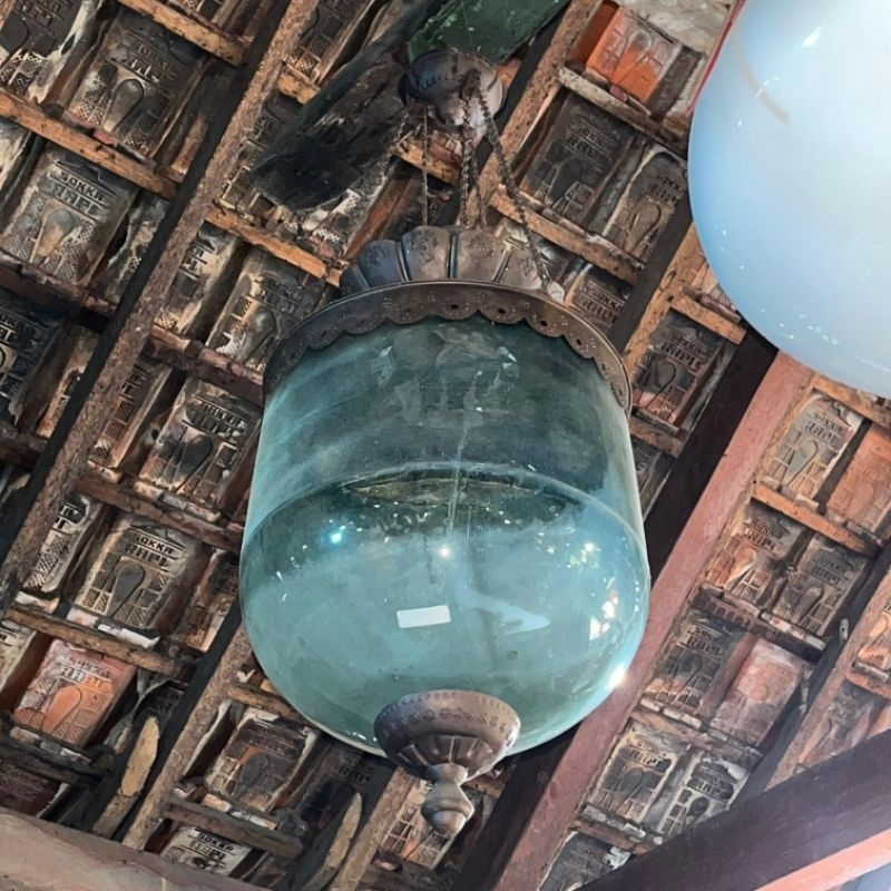 Lampu Gantung Botol Astrolop Kaca Clear Blue Ornamen Kuningan Lawas Jadul Tua