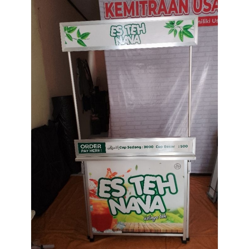 Booth Portable Meja Lipat Rombong Es Teh Minuman Makanan ukuran 100x60 cm bahan aluminium dengan dil