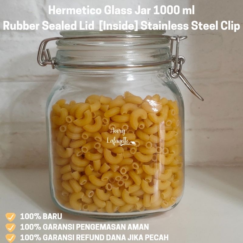 Toples Kaca Klip (1000 ml) - Hermetico Glass Jar Rubber Sealed Stainless Steel Clip Lid