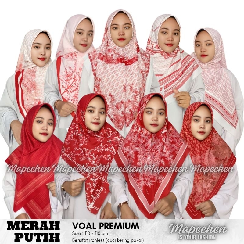 Hijab VOAL MOTIF PREMIUM Jilbab Merah Putih Maroon Bata Segiempat LaserCut
