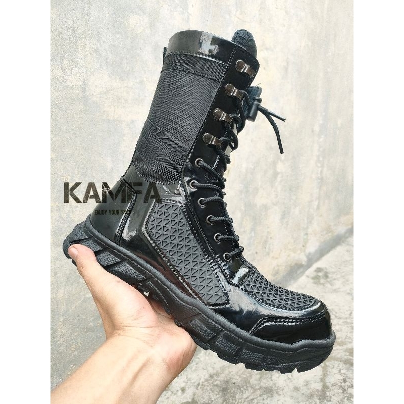Sepatu PDL Kulit Mengkilap Pria BOA Jaring Tni Polri Security Boots Hitam Militery Dinas
