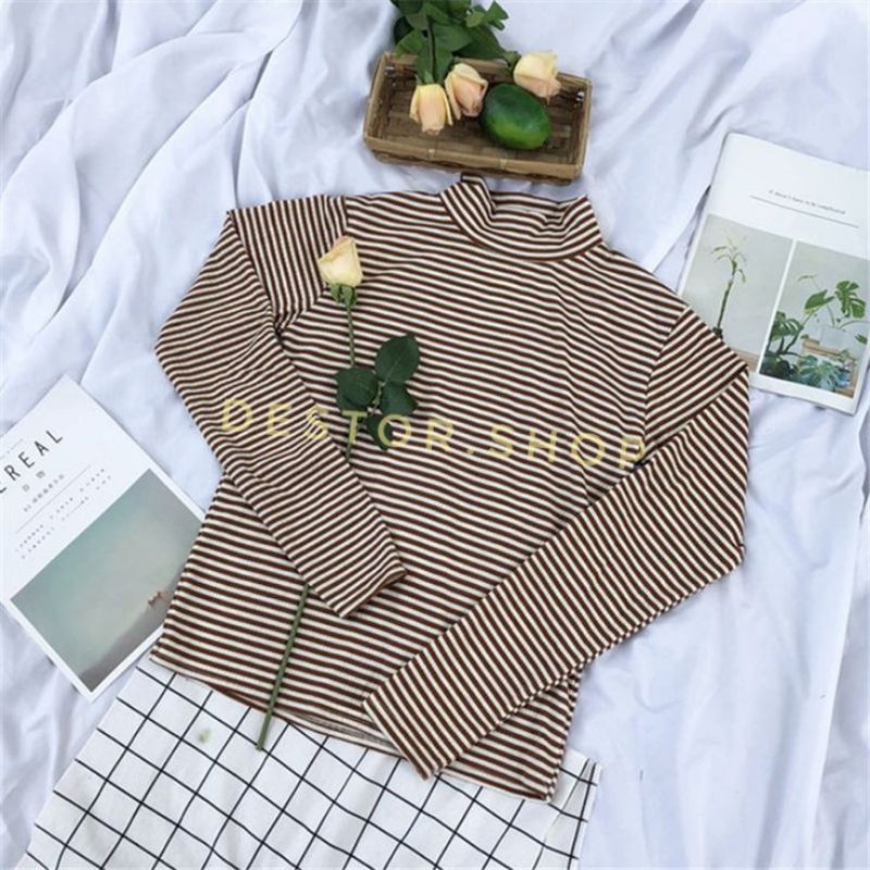 kaos wanita lengan panjang garis garis / atasan wanita lengan panjang krah tinggi