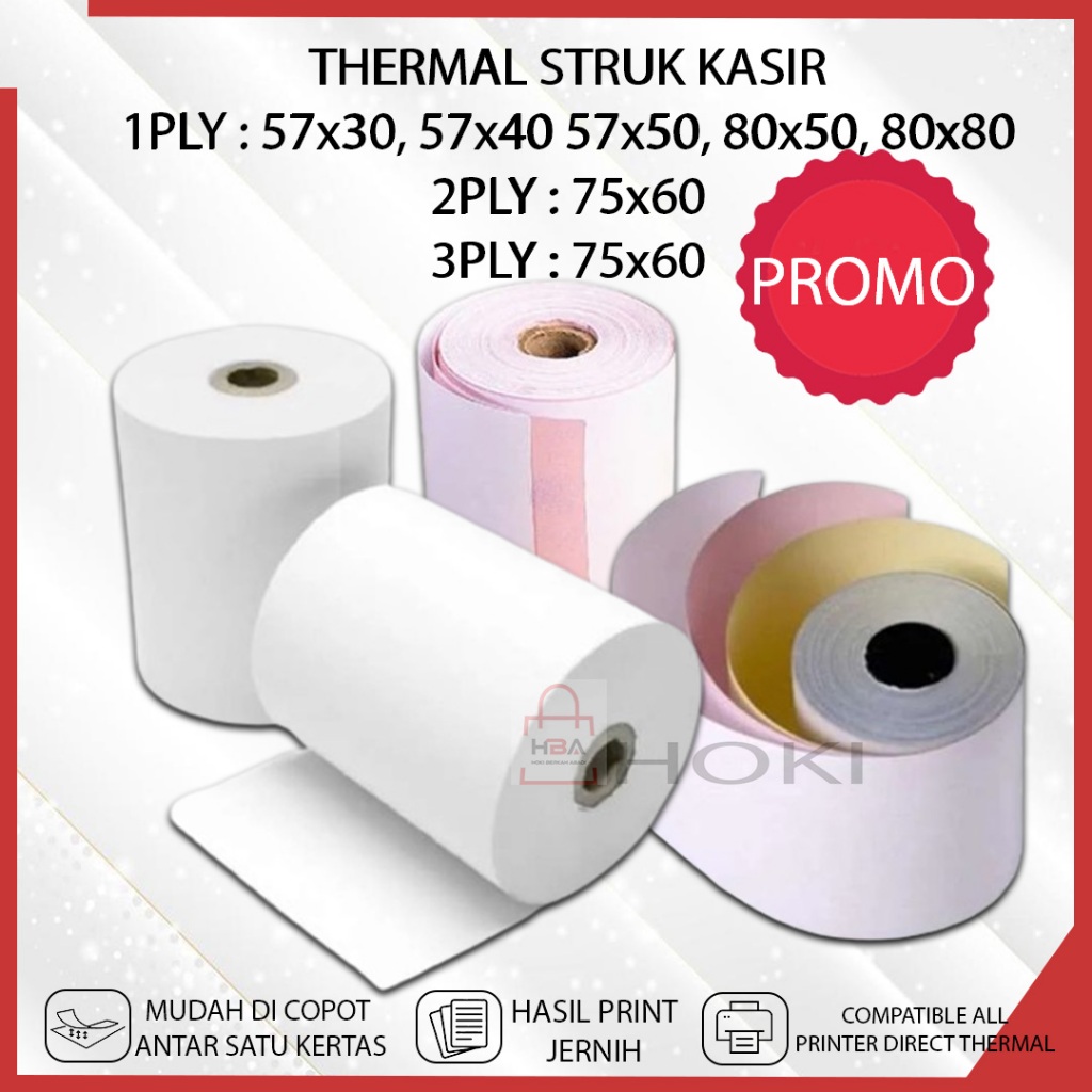 

Kertas Thermal STRUK Toko Nota Kasir 1 PLY 2 PLY 3 PLY 57x30 ⁠57x50 75x60 80x50 ⁠80x80 HVS Cetak Bon Printer Resi Paket Usaha Online Shop