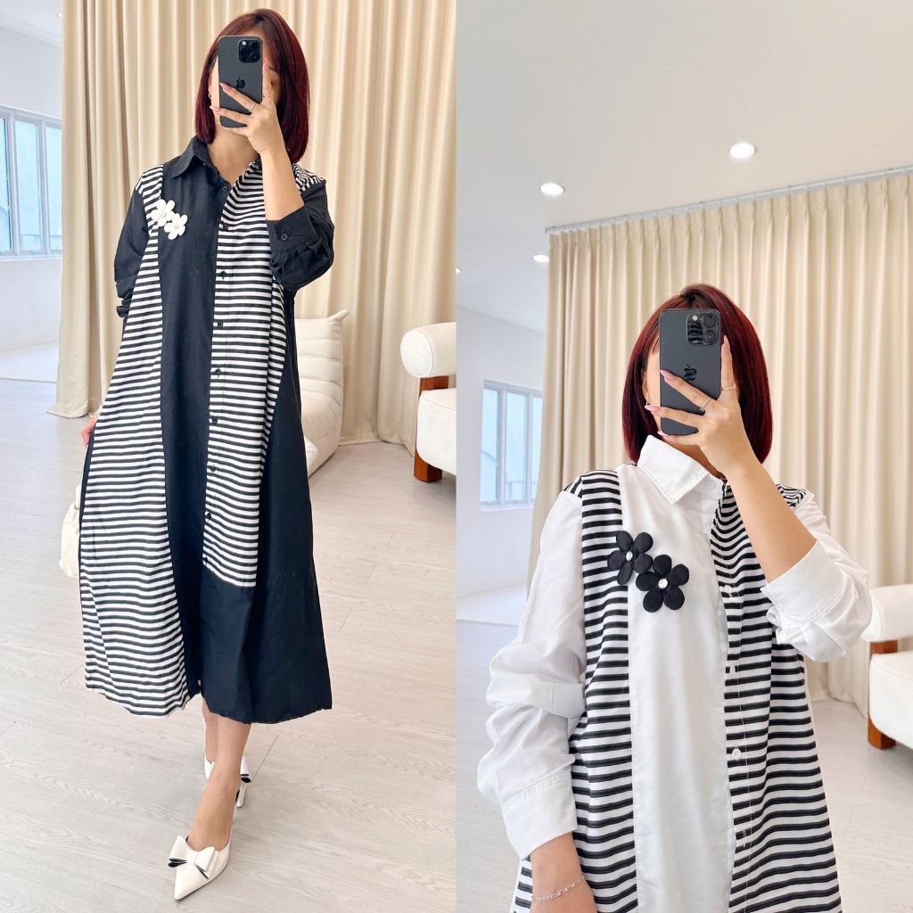 SJM LONG TUNIK VIOLIN KATUN POPLIN HITAM PUTIH