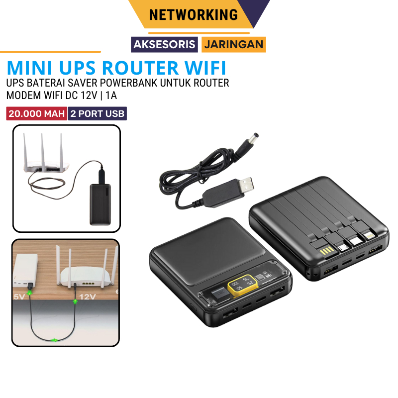 Powerbank UPS Mini 12v Untuk Router Wifi Modem HTB Access Point Mikrotik DC Output 12v 20000mAh