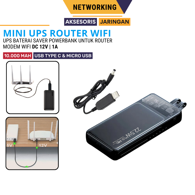 Paket Lengkap PowerBank Mini UPS DC 12v 22.5W 10000mAh Untuk Modem Router Wifi Access Point Mikrotik