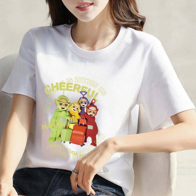 teletubbies  Pola kartun yang lucu  Kenangan masa kecil  atasan wanita.  kaos lengan pendek  slimfit