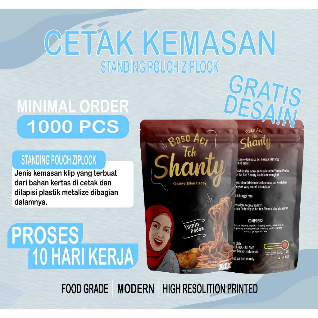 Cetak Kemasan Makanan Standing Pouch Custom Printing Metalize Ziplock 1000 Pcs