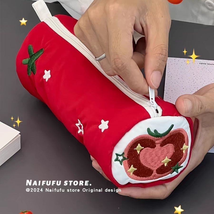 

Summer Tomato Red Pen Bag Cute Stationery Box Student Large Capacity Storage Bag Embroidered Stationery Bag