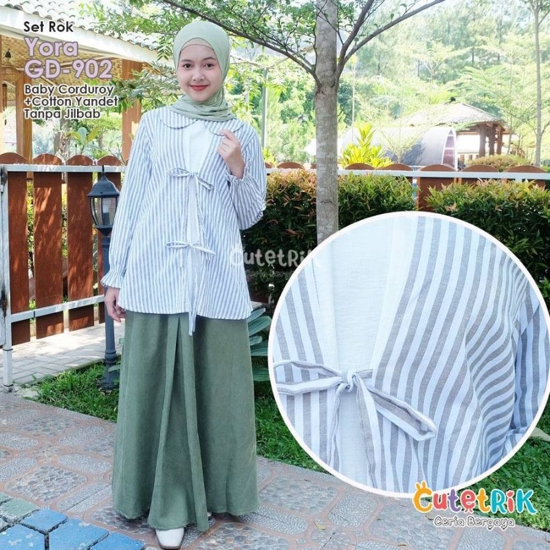 Set Rok Yora By Cutetrik Terbaru Setelan Tunik Anak Cewek Lengan Panjang Motif Salur Warna Hijau Dan