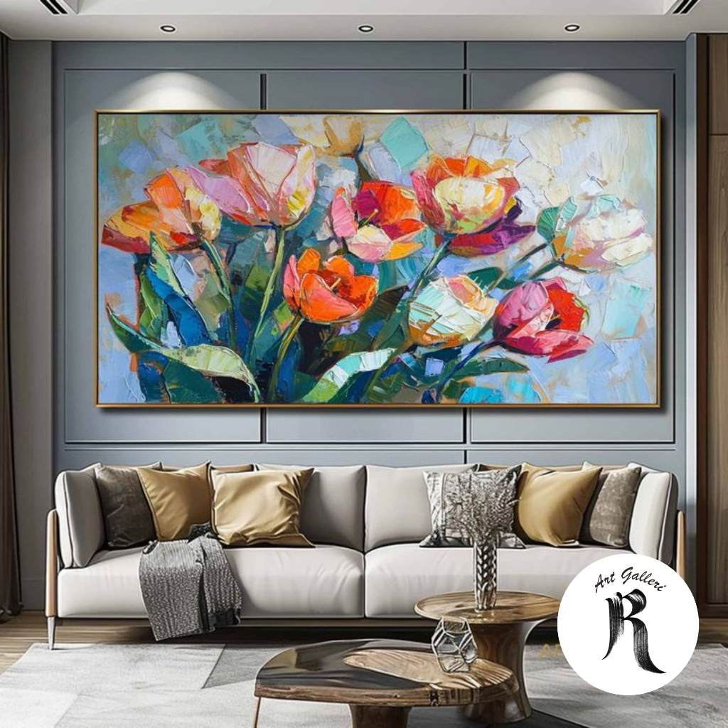 lukisan bunga tulip  - lukisan bunga siap pajang - lukisan bunga modern - lukisan plus frame