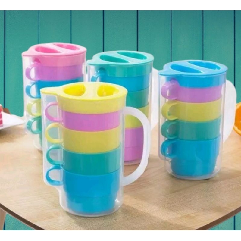 TEKO PLASTIK TEBAL 5 SET JUS/KOPI/TEH 1 TEKO 4 CANGKIR