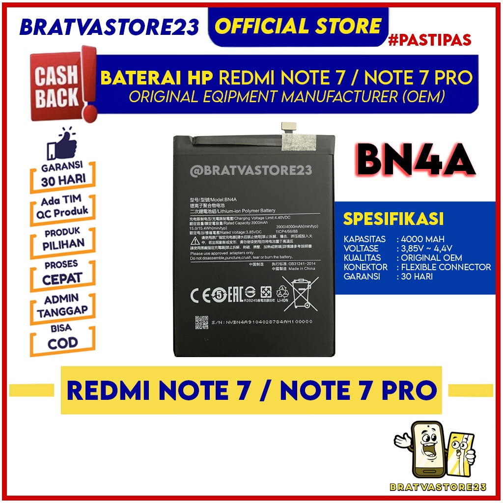 Baterai Redmi Note 7 / Redmi Note 7 Pro BN4A Batre Batrai Battery Hp Original